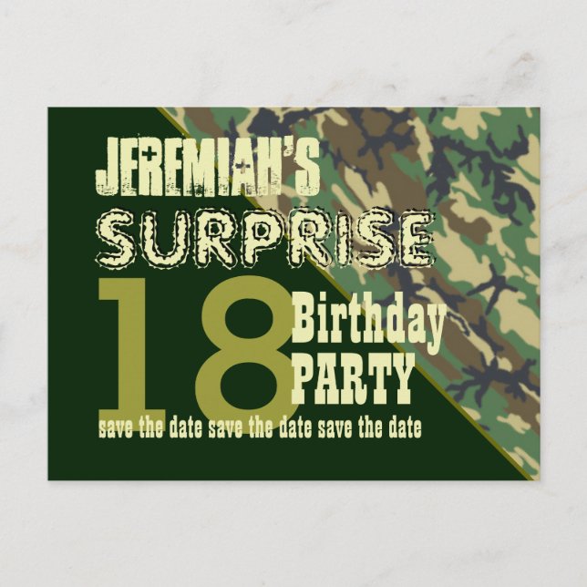 18th Surprise Birthday Save the Date CAMO V02O Announcement Postcard (Front)