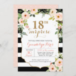 18th Surprise Black White Stripe Floral Birthday Invitation<br><div class="desc">Chic stripe invitation adorned with beautiful watercolor flowers and gold glitter text for a 18th surprise birthday celebration</div>