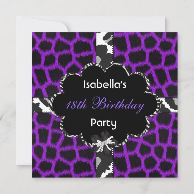 18th Teen Birthday Party Black White Purple Invitation (Front)