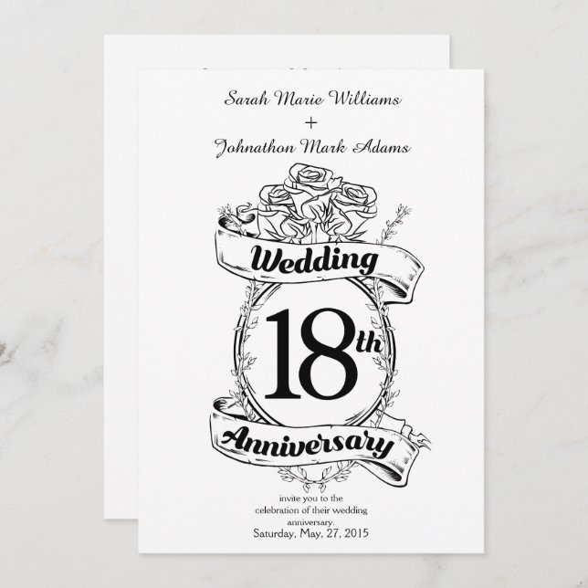 18th Wedding Anniversary Black and White Roses Invitation (Front/Back)