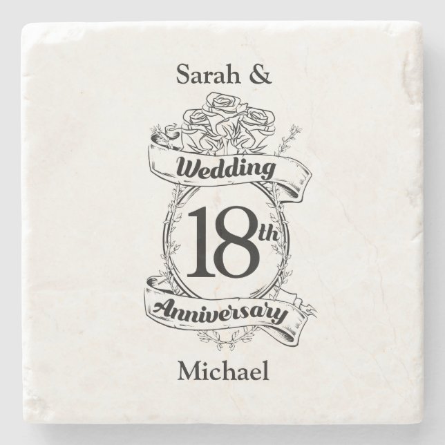 18th Wedding Anniversary Black and White Roses Stone Coaster (Front)