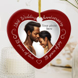 18th Wedding Anniversary Photo Ceramic Ornament<br><div class="desc">Celebrate a 18th happy year of marriage with a custom photo ornament in a delightful heart shape frame. Simply upload your own photo of the married couple and it will appear in the cutout. The red surround features a white script font and decorations. The words are: 18th Wedding Anniversary -...</div>