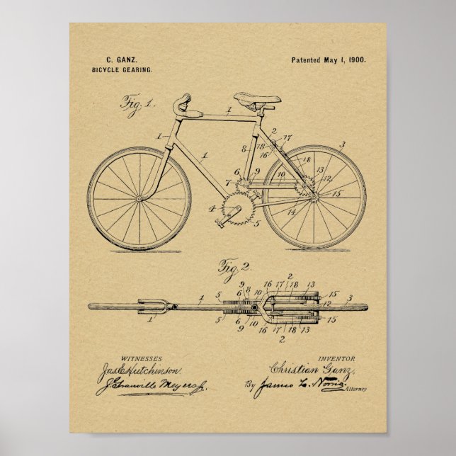 1900 Bicycle Gear Patent Art Drawing Print (Front)