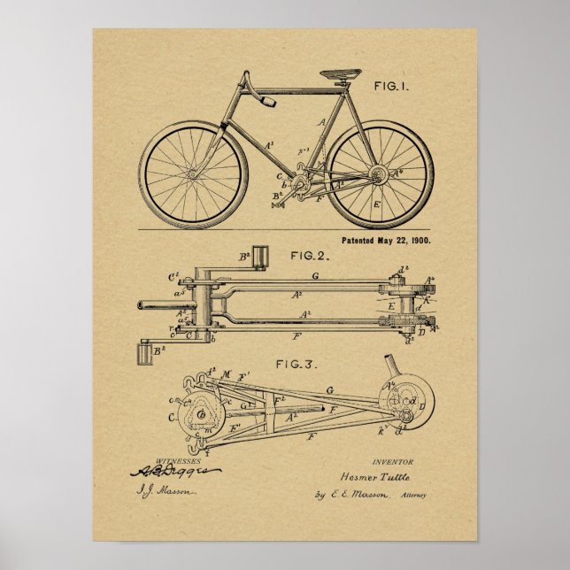 1900 Chainless Bicycle Design Patent Art Print (Front)