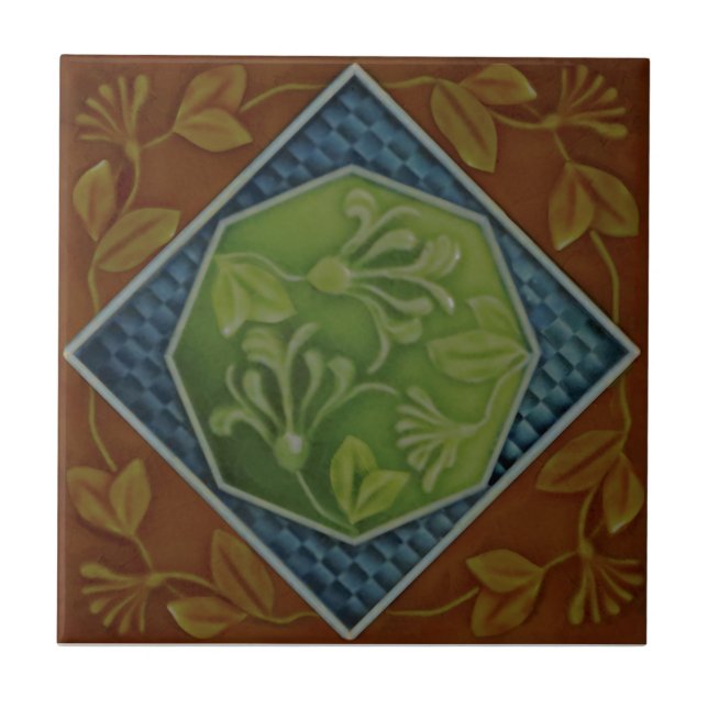 1900 Majolica Honeysuckle Floral Repro Faux Relief Tile (Front)