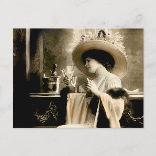 1900 Parisian Woman Drinking Champagne Postcard (Front)