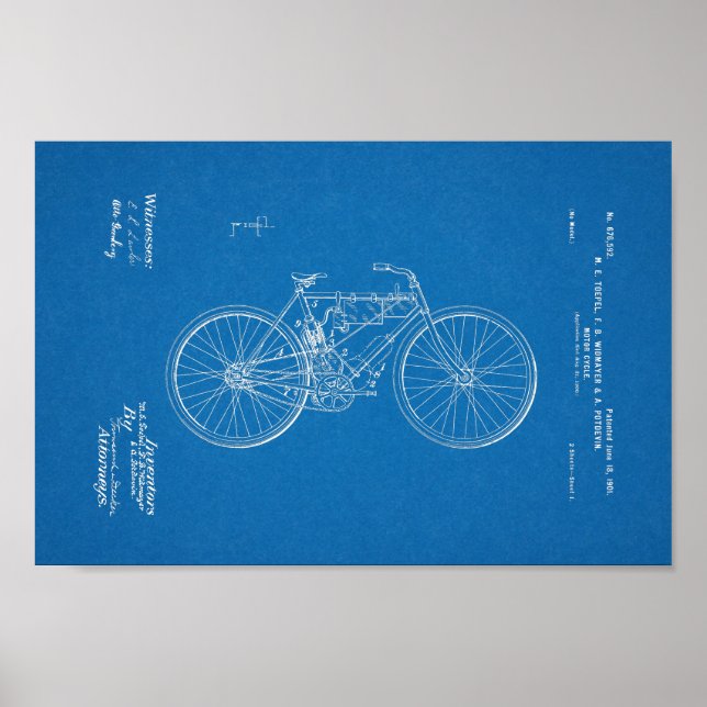 1901 Vintage Motorized Bicycle Patent Blueprint Poster (Front)