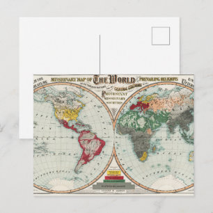 1902 Vintage World Missionary Religions Map Postcard