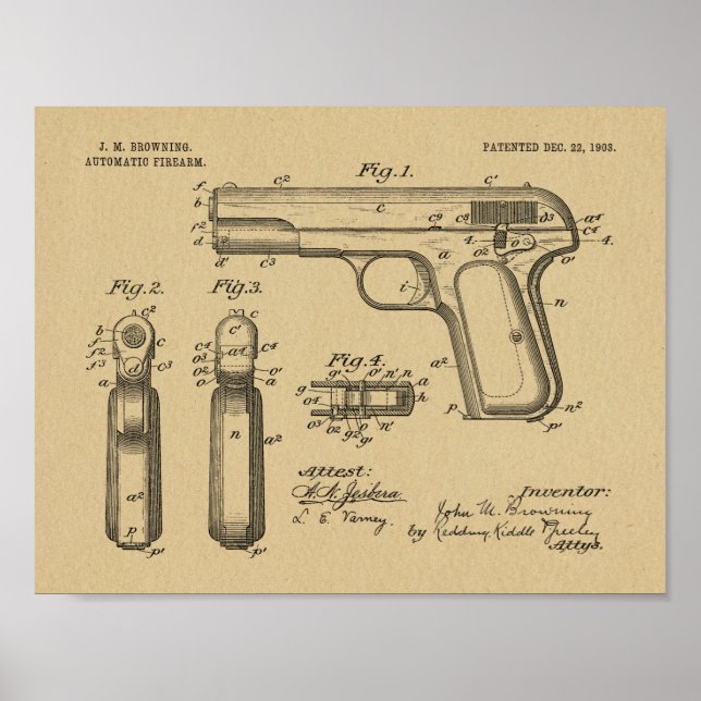 1903 Browning Gun Brevet Art Dessin Impression (Devant)