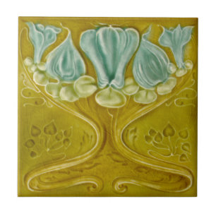 1905 Art Nouveau Gold Aqua Repro Faux Relief Tile