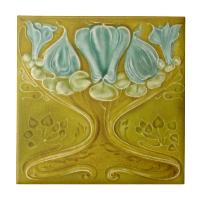 1905 Art Nouveau Gold Aqua Repro Faux Relief Tile (Front)