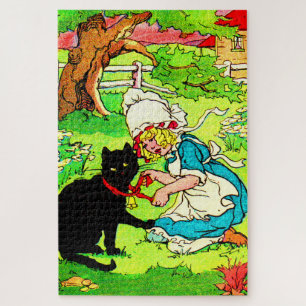1905 little girl puts bow on her black cat jigsaw puzzle