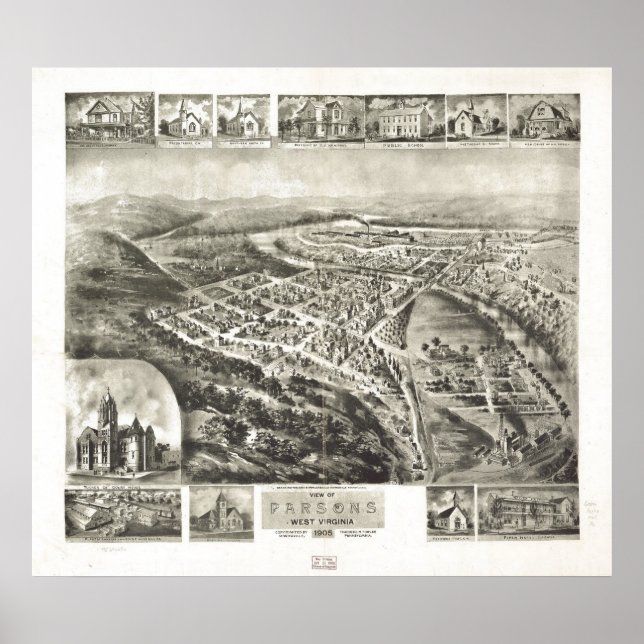 1905 Parsons, WV Bird's Eye View Panoramic Map Poster (Front)