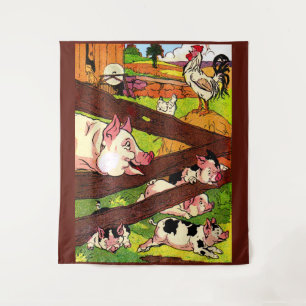 1905 pigs and chickens print tapestry