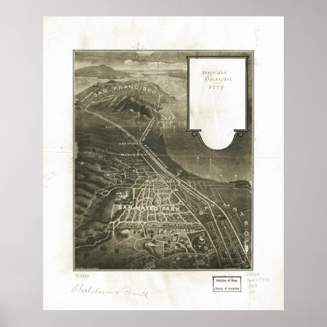 1905 San Mateo, CA Birds Eye View Panoramic Map Poster (Front)