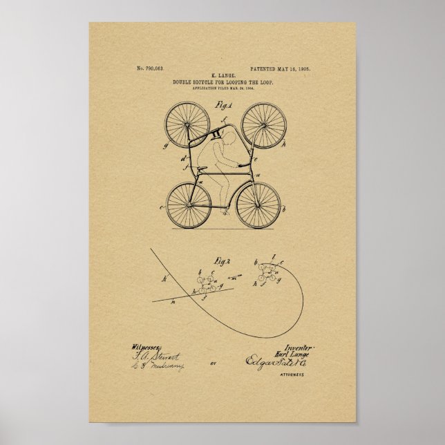 1905 Vintage Double Bicycle Patent Art Print (Front)