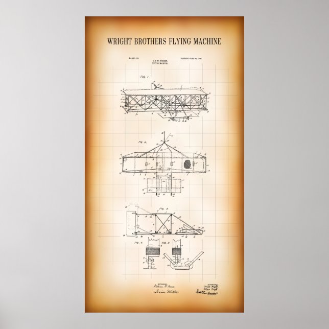 1906 PATENT DRAWINGS of WRIGHT BROS FLYING MACHINE Poster (Front)