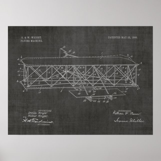 1906 Wright Brothers Airplane Patent Art Drawing Poster (Front)