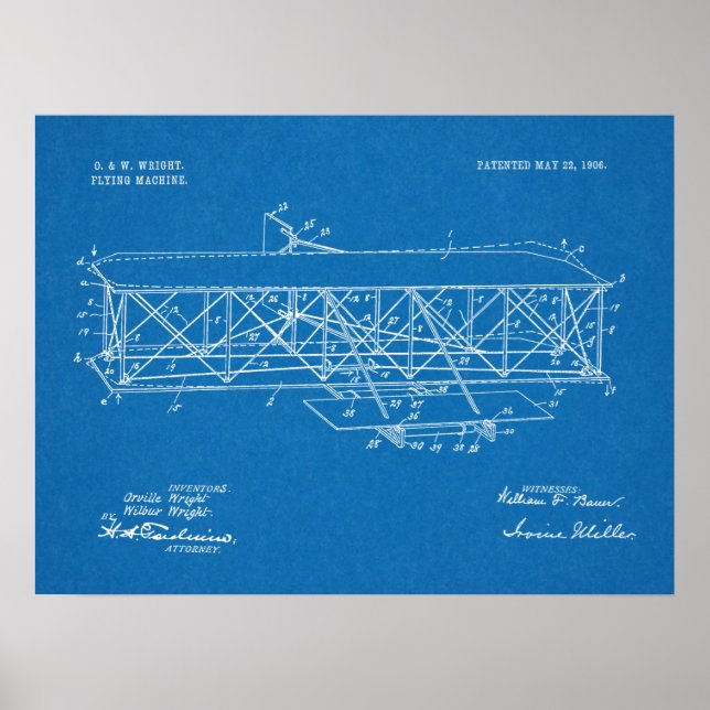 1906 Wright Brothers Airplane Patent Art Drawing Poster (Front)