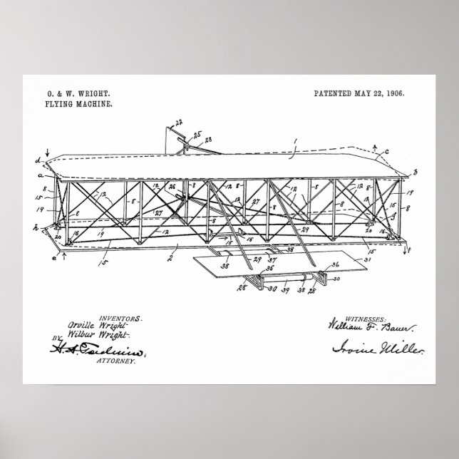 1906 Wright Brothers Airplane Patent Drawing Print (Front)