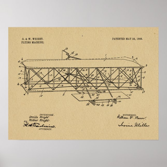 1906 Wright Brothers Airplane Patent Drawing Print (Front)