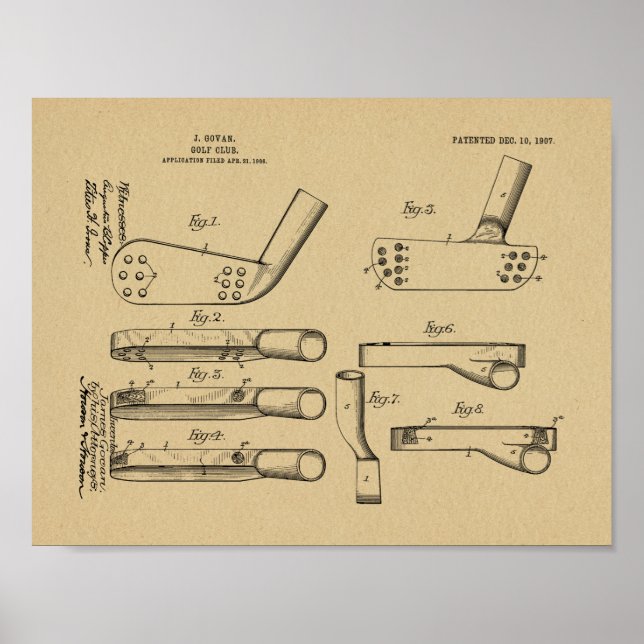 1907 Golf Club Head Patent Art Drawing Print (Front)