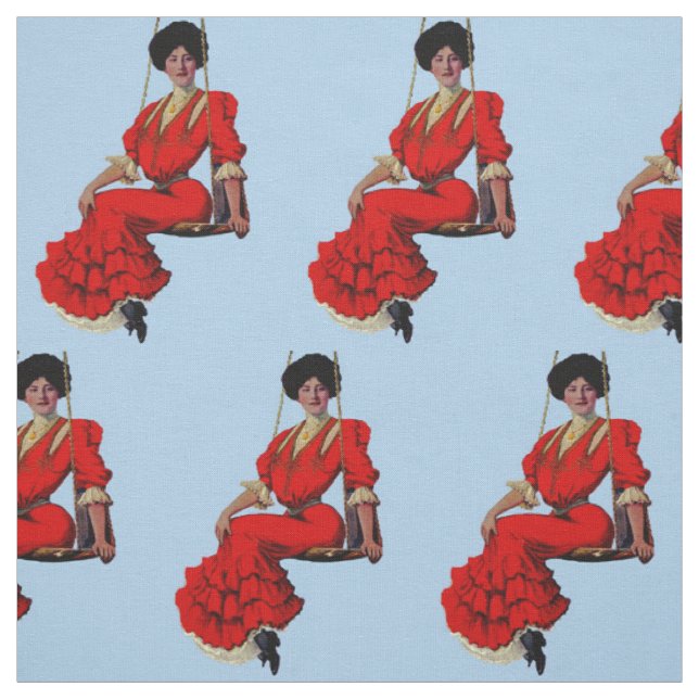 1907 pretty lady on a swing print fabric (Swatch)