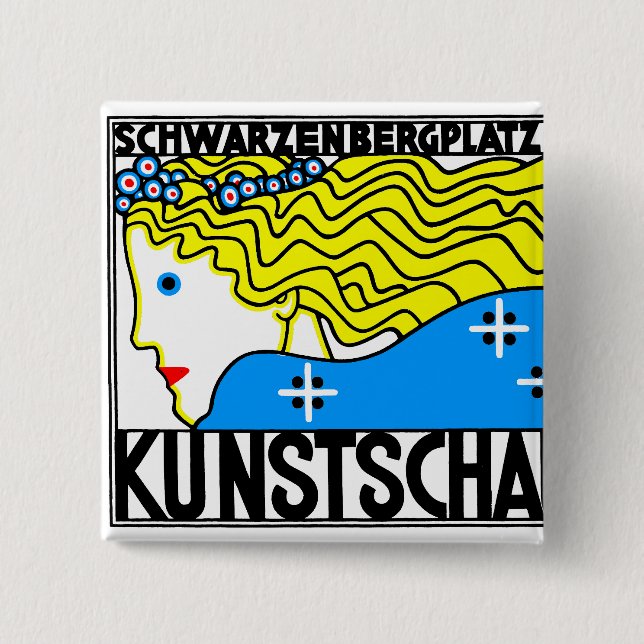 1908 Vienna Art Nouveau Art Show Fair Maiden 2 Inch Square Button (Front)