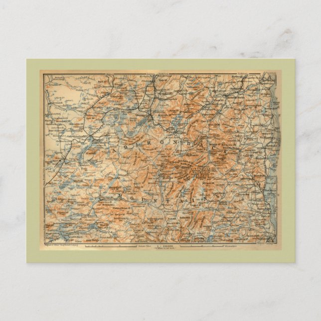 1909 Adirondacks Map from Baedeker's Travel Guide Postcard (Front)