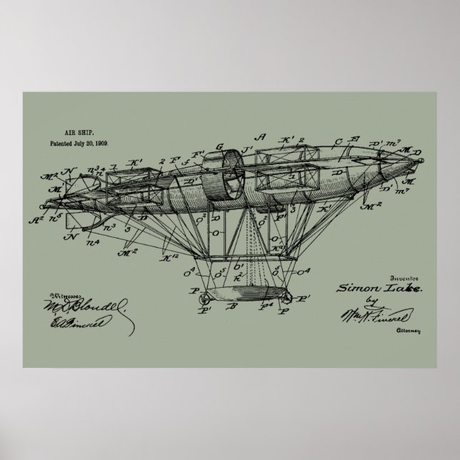 1909 Airship Aeroship Patent Drawing Art Print (Front)