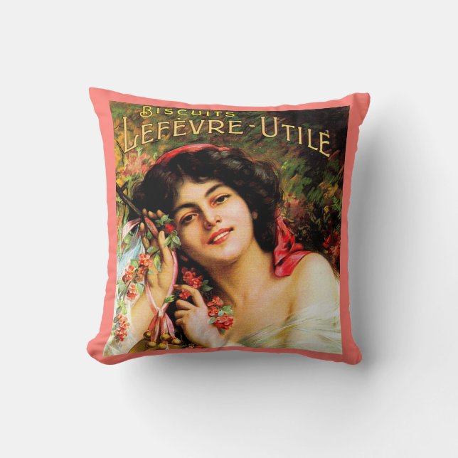 1909 pretty lady Biscuits Lefevre-Utile Throw Pillow (Front)
