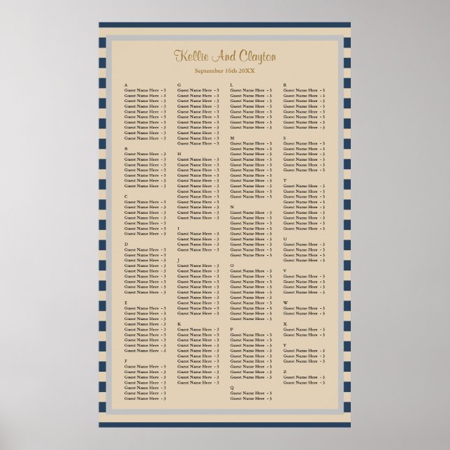 190 Classic Blue Stripes Wedding Seating Chart (Front)