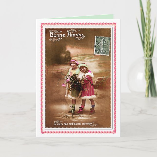 1910 French Happy new Year by 2 cute little girls Holiday Card (Front)
