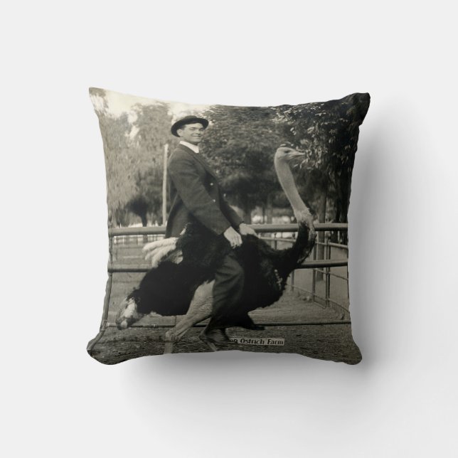 1910 Ostrich Riding Throw Pillow (Front)