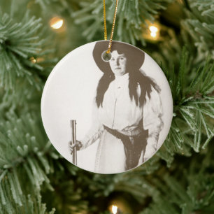 1910 Photo Portrait of a Cowgirl Holding a Rifle Ceramic Ornament