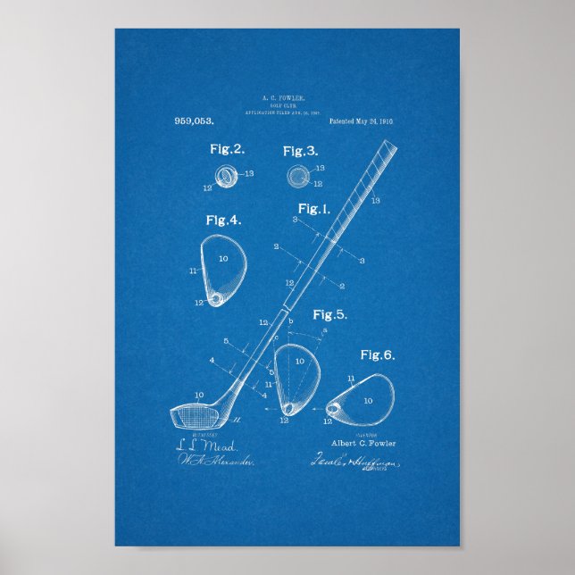 1910 Vintage Golf Club Patent Blueprint Art Print (Front)