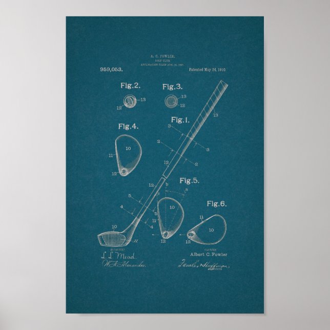 1910 Vintage Golf Club Patent Blueprint Art Print (Front)