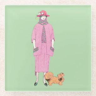 1910s Fashion Illustration Lady & Pekingese Dog Glass Coaster