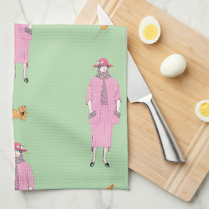 1910s Fashion Illustration Lady & Pekingese Dog Kitchen Towel