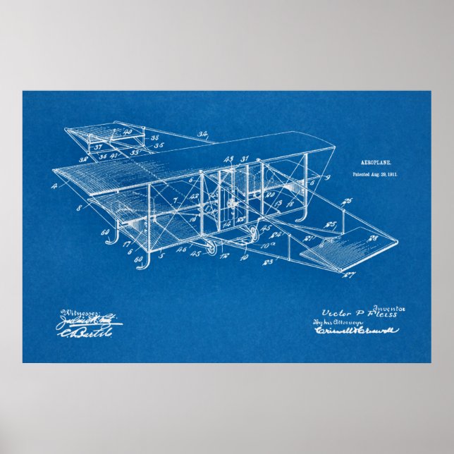 1911 Aeroplane Airplane Patent Art Drawing Print (Front)