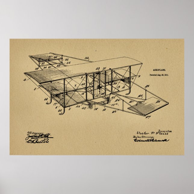 1911 Aeroplane Airplane Patent Art Drawing Print (Front)