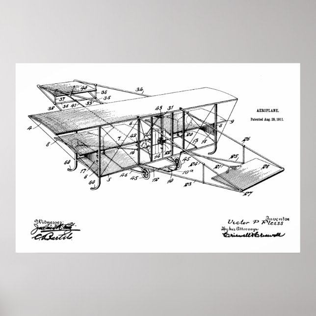 1911 Aeroplane Airplane Patent Art Drawing Print (Front)