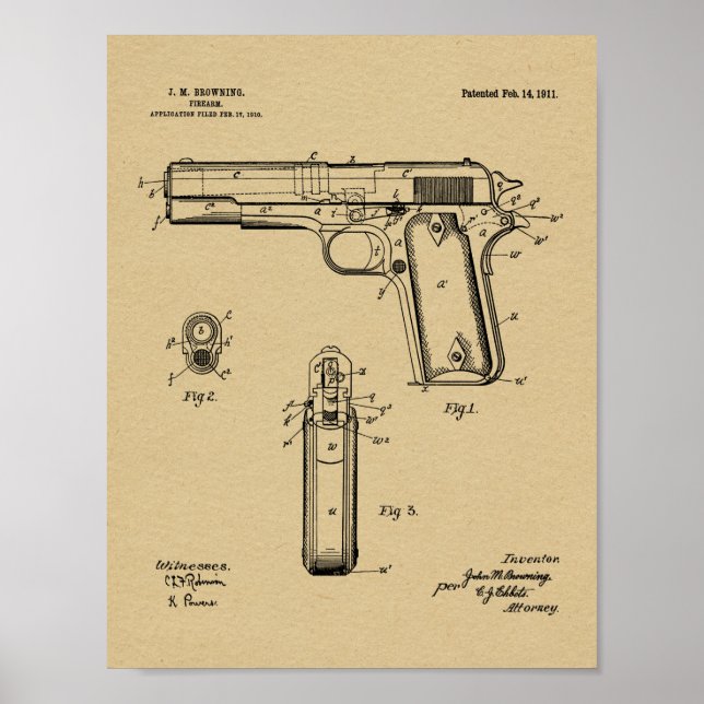 1911 Colt Browning Gun Patent Art Drawing Print (Front)