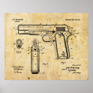 1911 Colt Browning Gun Patent Art Drawing Print