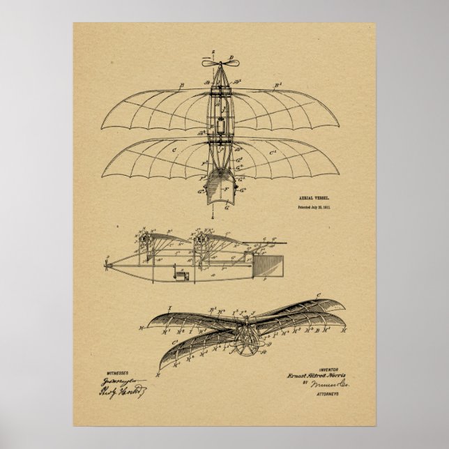1911 Vintage Airplane Patent Art Drawing Print (Front)