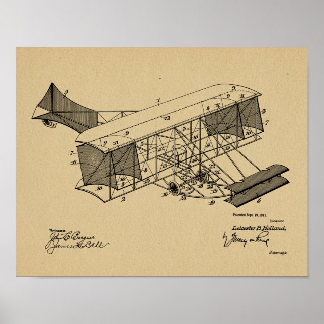 1911 Vintage Airplane Patent Art Drawing Print (Front)