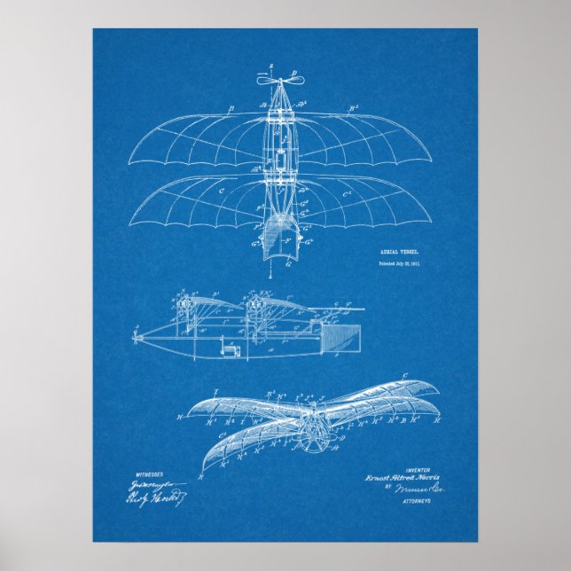 1911 Vintage Airplane Patent Art Drawing Print (Front)