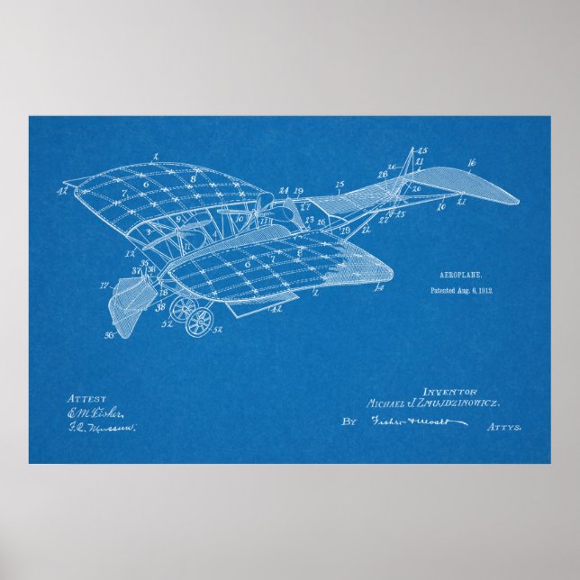 1912 Aeroplane Airplane Patent Art Drawing Print (Front)