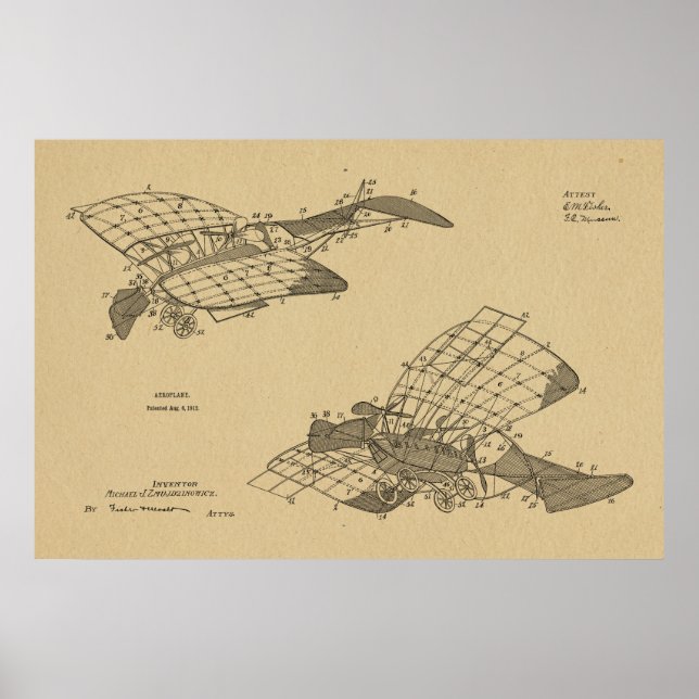 1912 Aeroplane Airplane Patent Art Drawing Print (Front)
