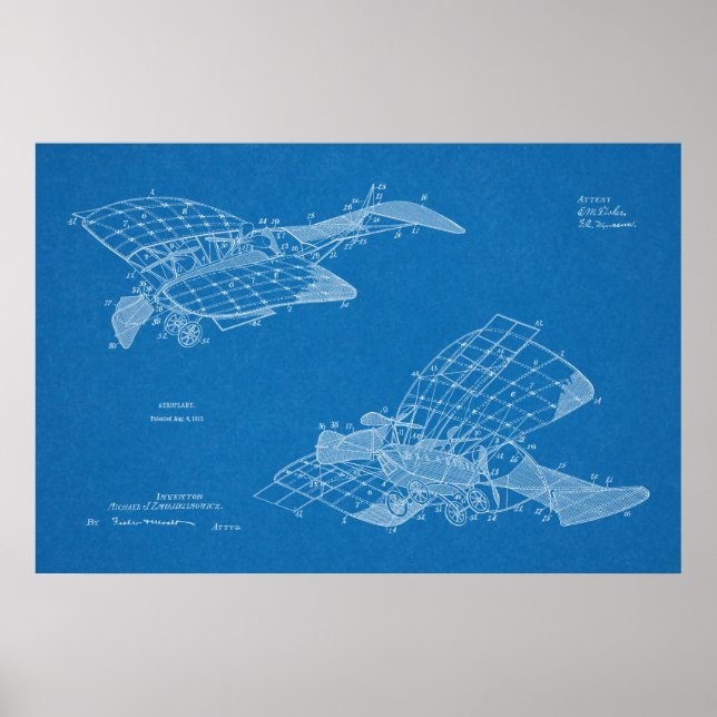 1912 Aeroplane Airplane Patent Art Drawing Print (Front)